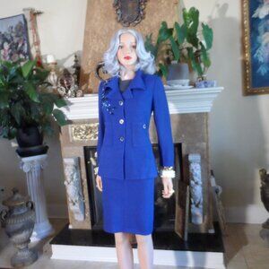 St. John Collection Light Blue/Gray Knit Embellish Dress & Jacket Set Size 10/12